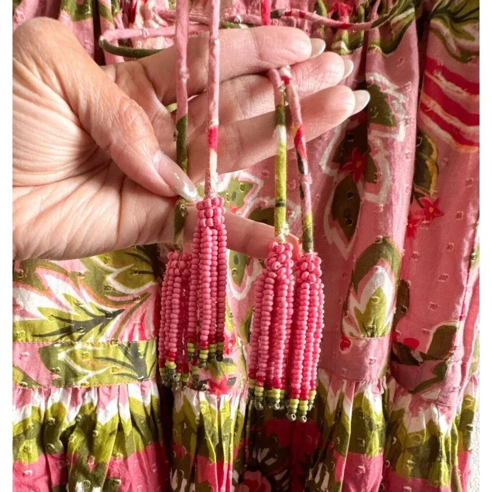 Farm Rio New Aura Floral Pink Tiered Mini Peasant Dress Medium Long Sleeve - Picture 7 of 15